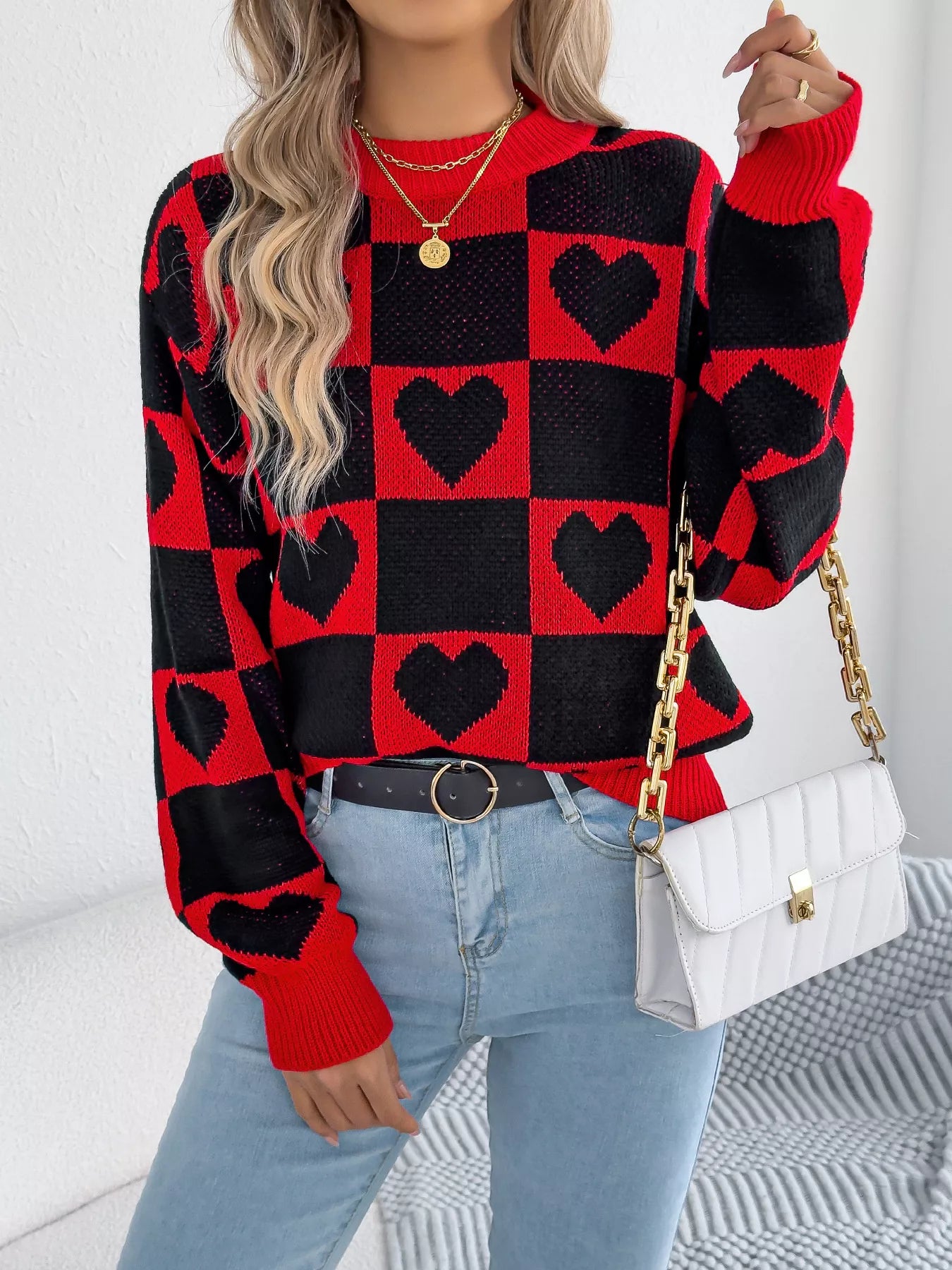 Heart Checkerboard Pattern Round Neck Sweater Black