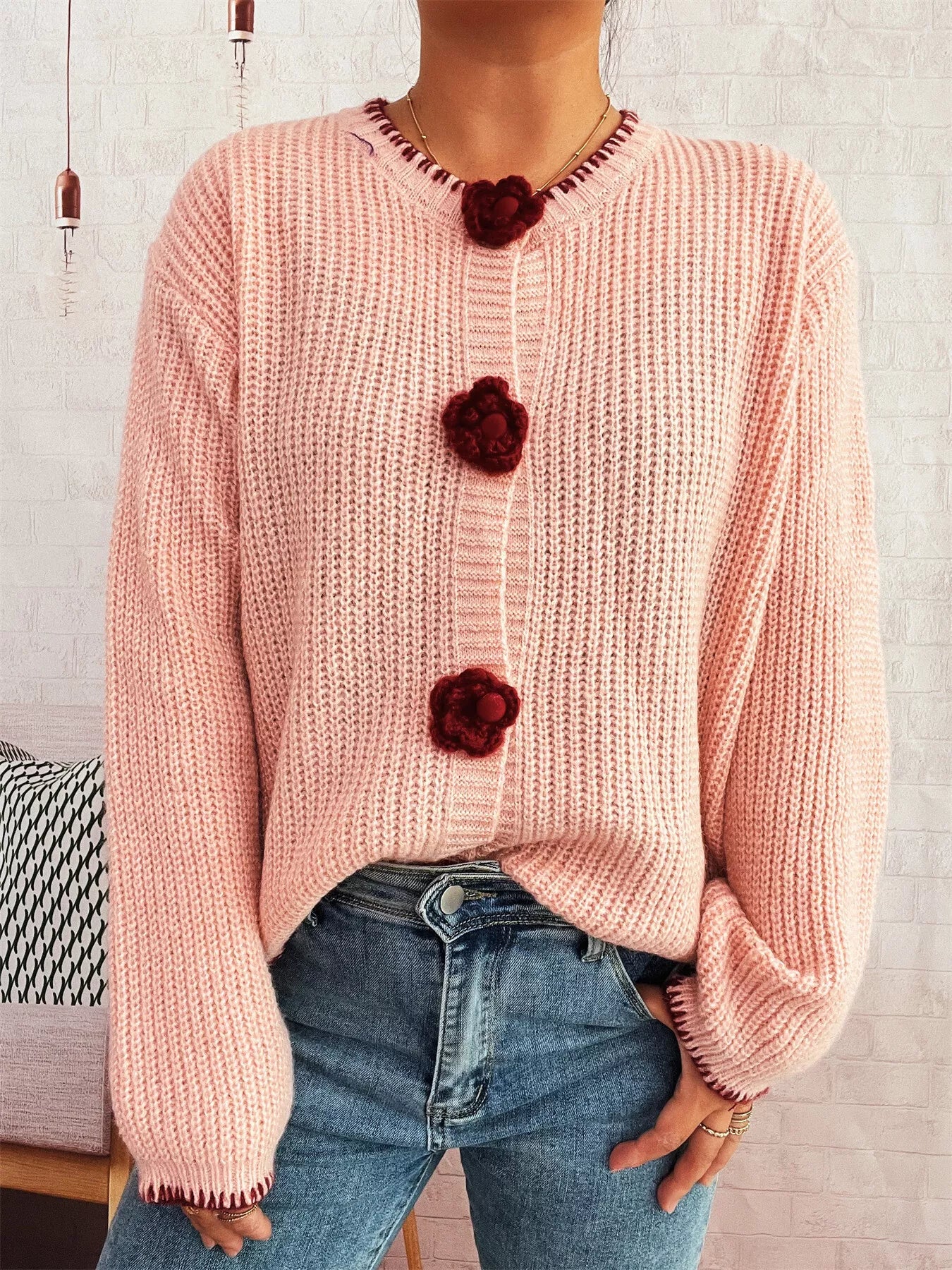 Flower Button Long Sleeve Cardigan Pink One Size