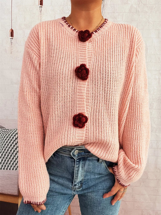 Flower Button Long Sleeve Cardigan Pink One Size