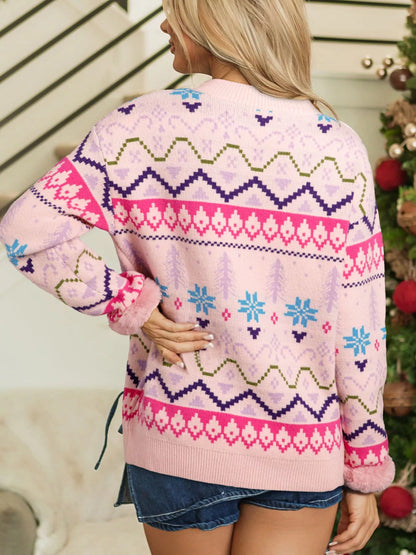 Multicolour Ethnic Christmas Pattern Knit Feather Cuffed Sweater