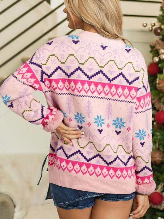 Multicolour Ethnic Christmas Pattern Knit Feather Cuffed Sweater