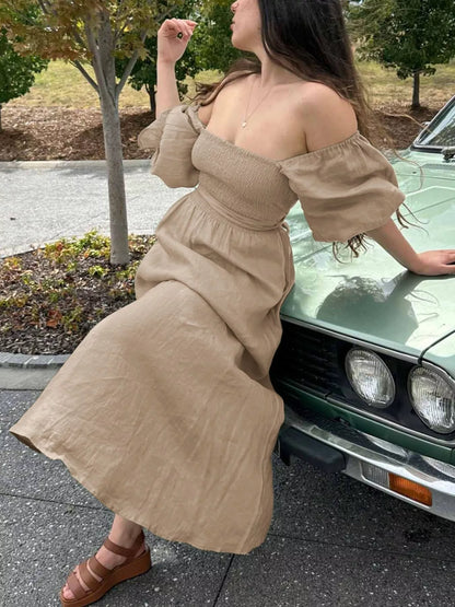 Smocked Puff Sleeves Midi Dress