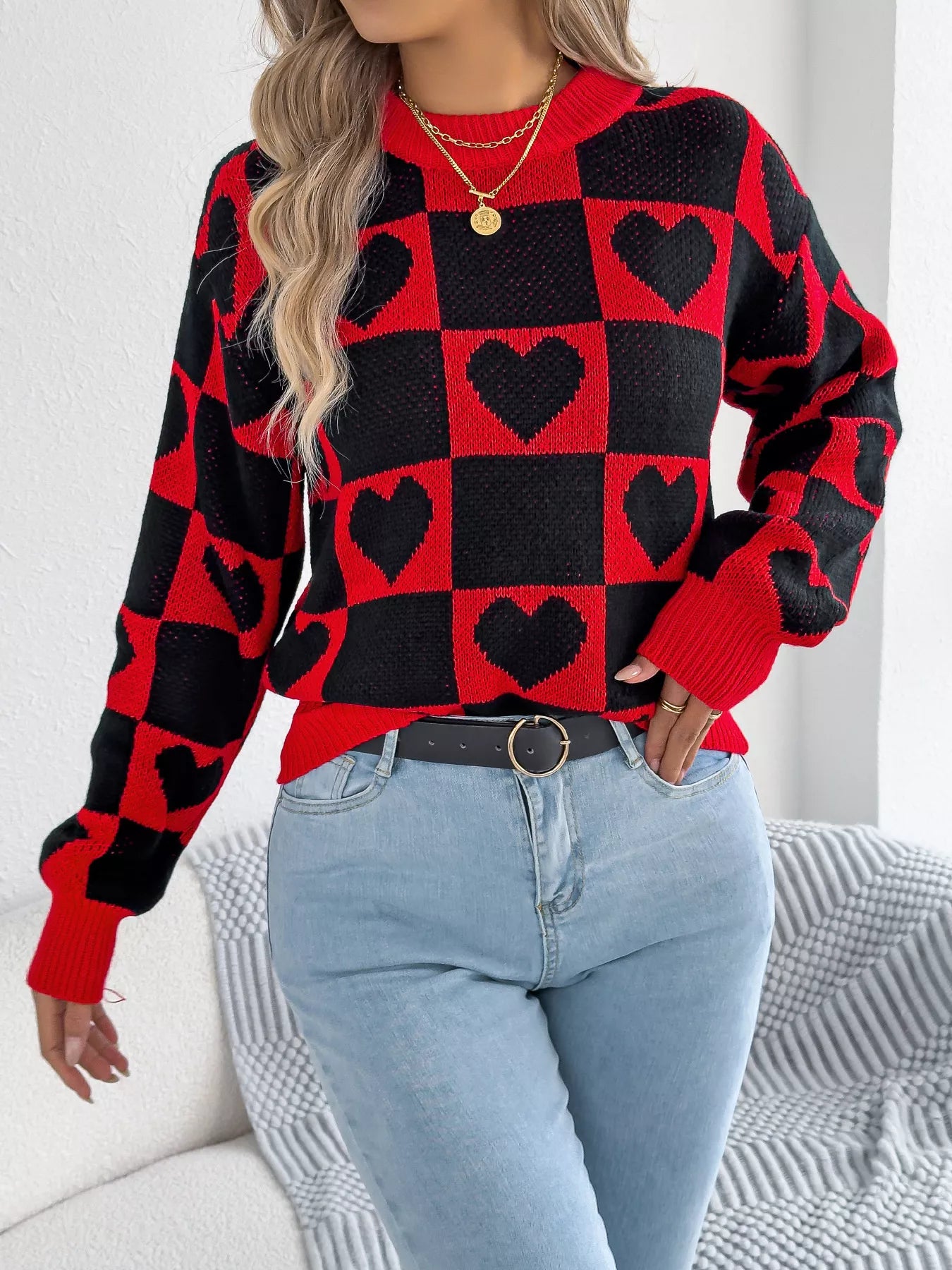 Heart Checkerboard Pattern Round Neck Sweater