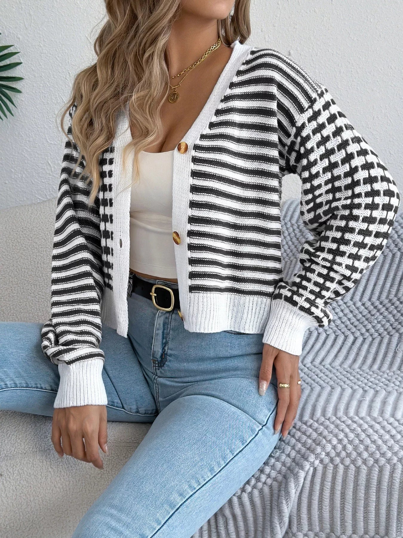 Striped Button-Up Cropped Cardigan