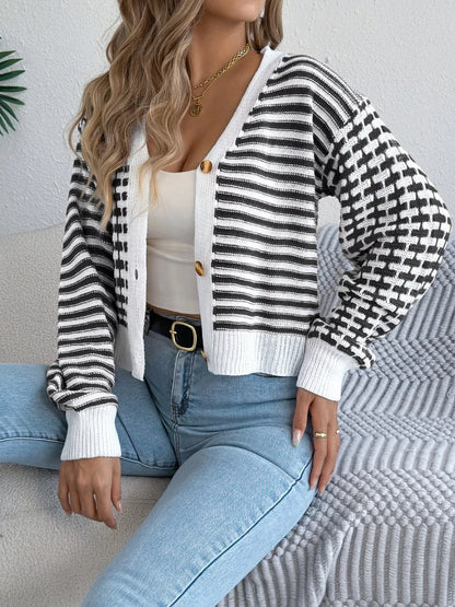 Striped Button-Up Cropped Cardigan