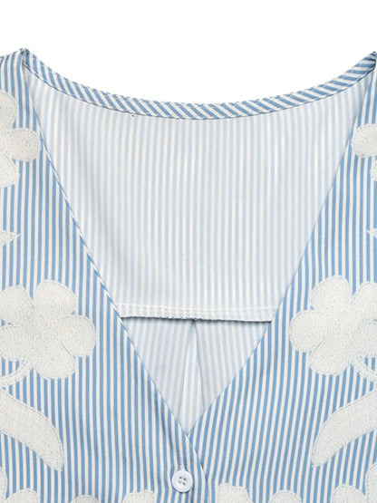 Floral Striped V-Neck Short Sleeve Shirt