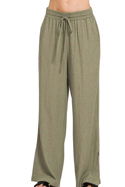 Zenana Linen Drawstring Pants LT OLIVE