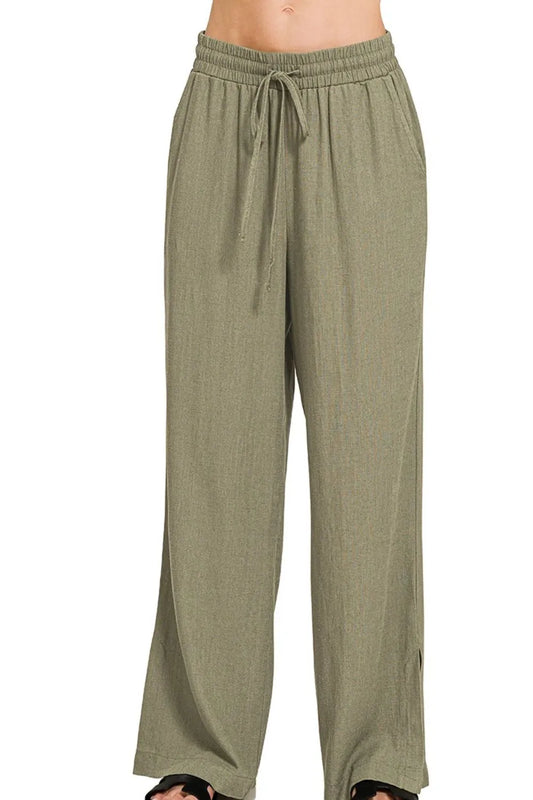 Zenana Linen Drawstring Pants LT OLIVE