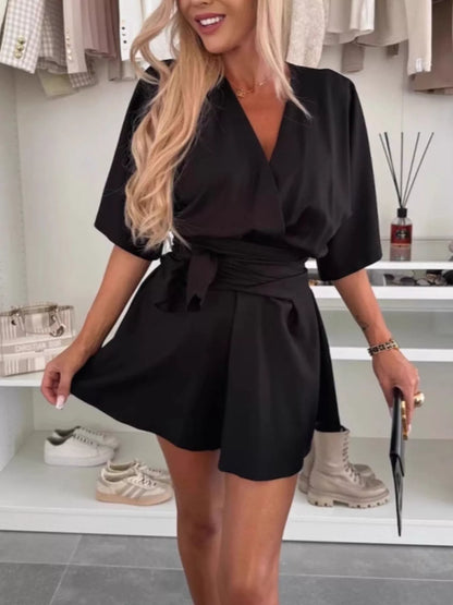 Full Size Surplice Tie Waist Romper Plus Size Black