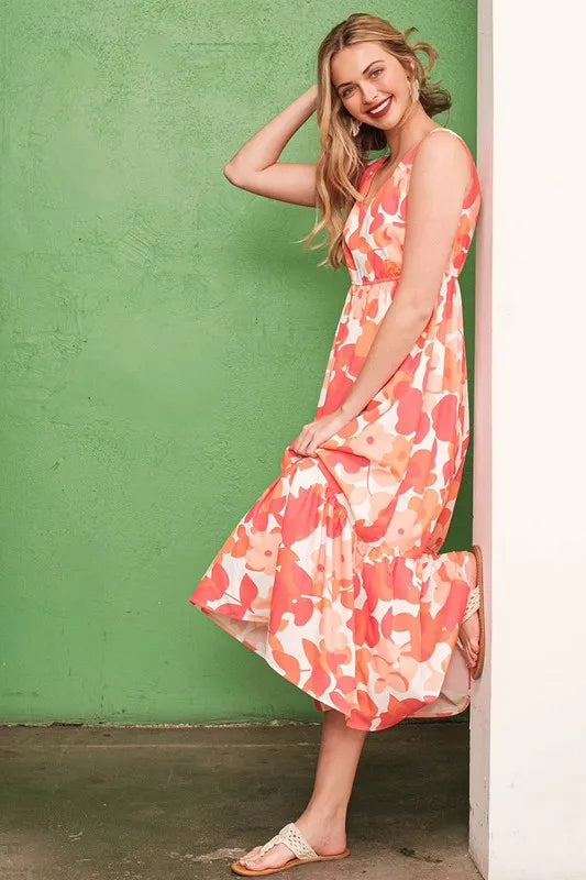 Lime 'N' Chili Sleeveless Floral Print V-Neck Midi Dress