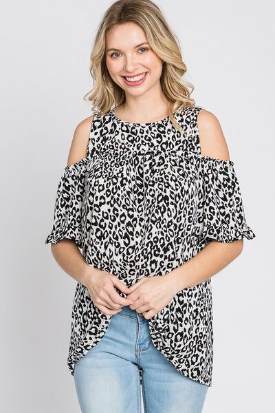 Heimish Full Size Leopard Round Neck Cold Shoulder T-Shirt Plus Size