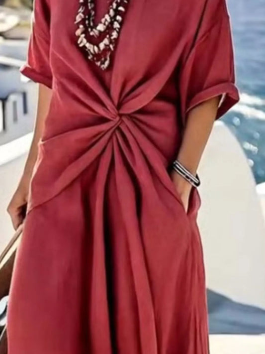 Twist Front V-Neck Half Sleeve Dress Red