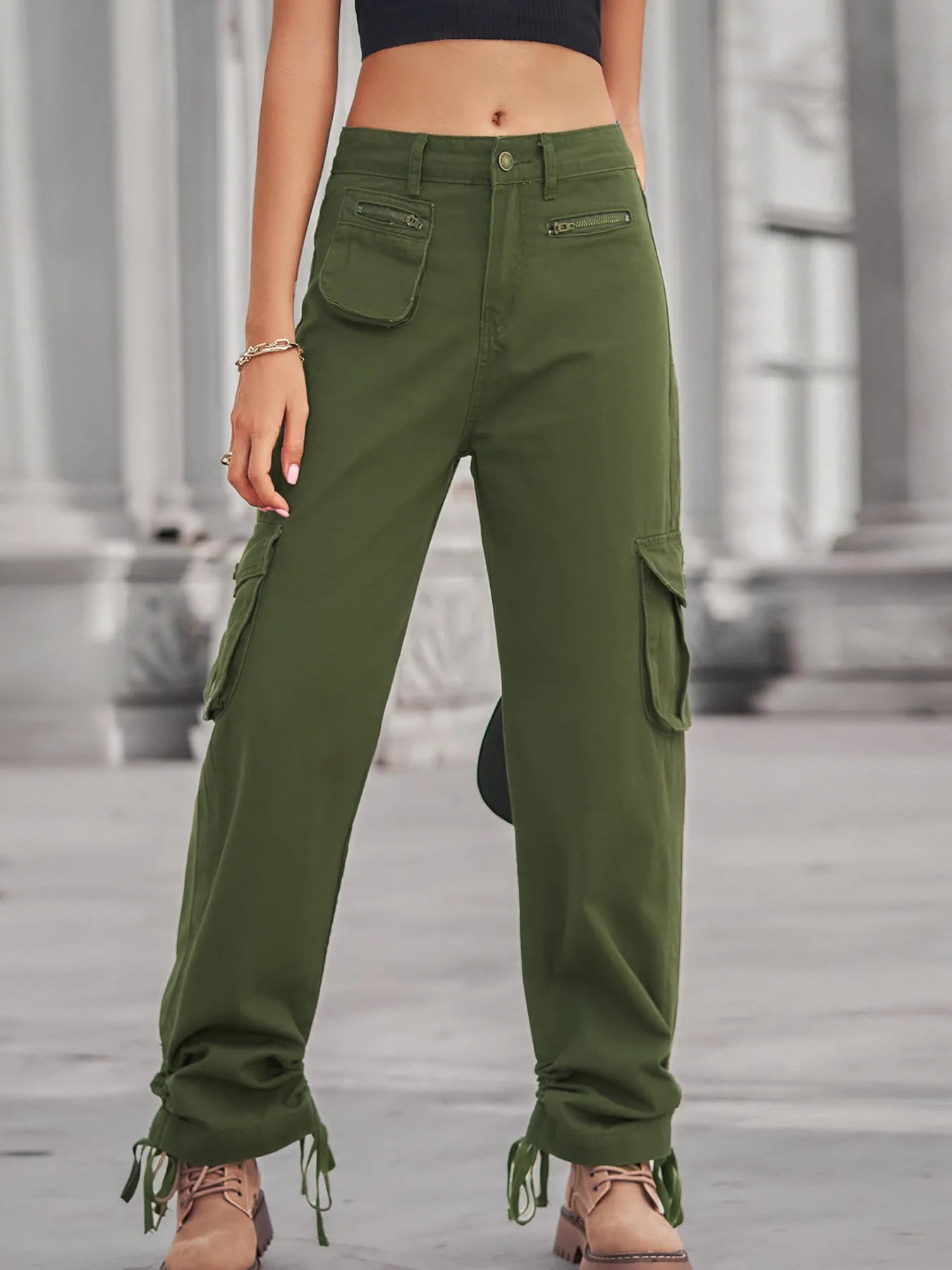 Drawstring Cargo Jeans Army Green