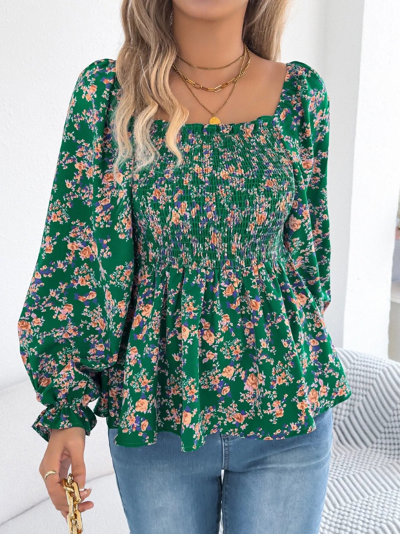 Full Size Floral Print Smocked Long Sleeve Blouse Plus Size Green