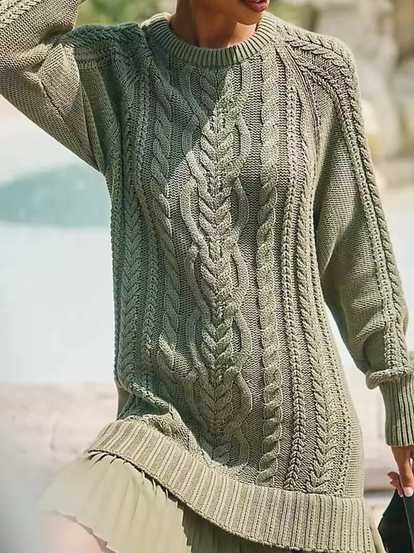 Full Size Cable Knit Pleated Hem Sweater Dress Plus Size Green
