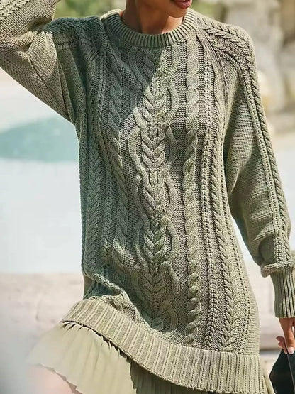 Full Size Cable Knit Pleated Hem Sweater Dress Plus Size Green