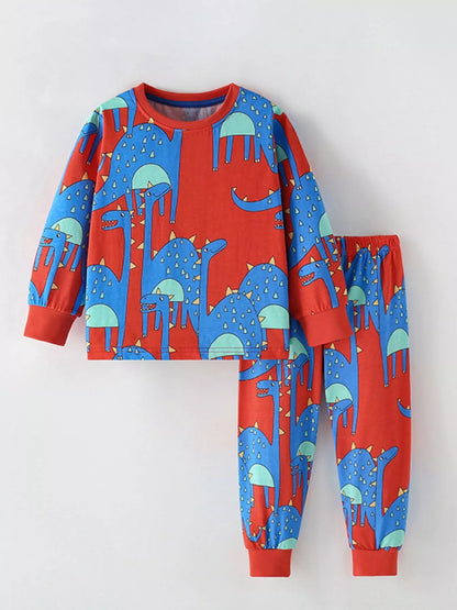 Children's Dinosaur Print Long Sleeve Pajama Set Red