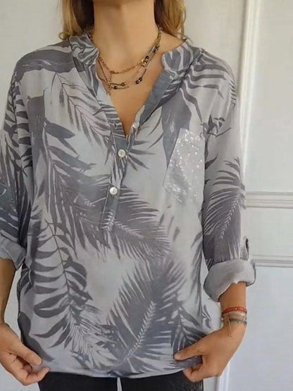 Full Size Printed Button Detail Long Sleeve Blouse Plus Size Gray