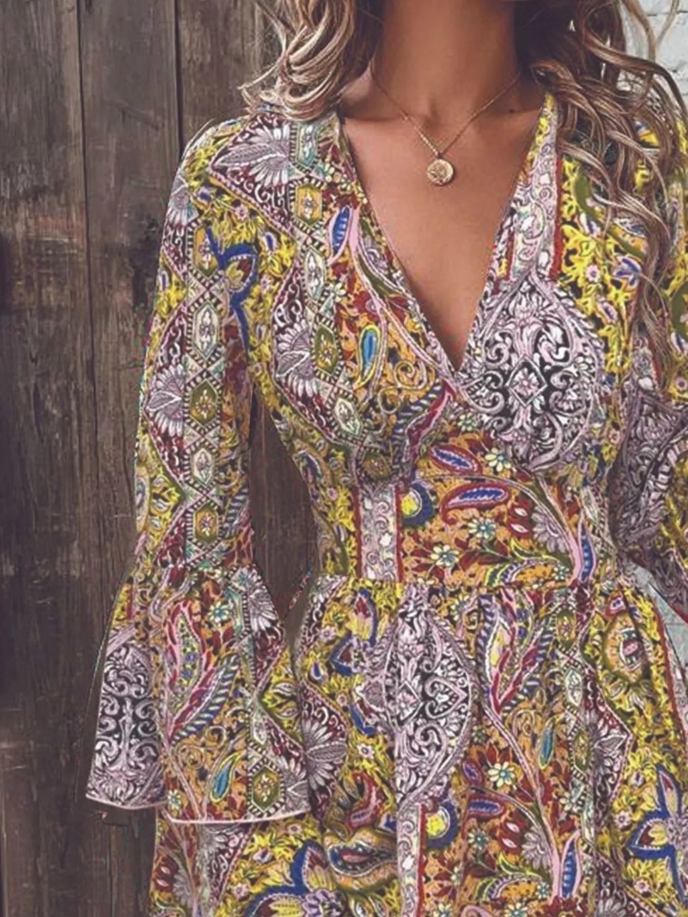 Paisley Print V-Neck Flounce Sleeve Dress