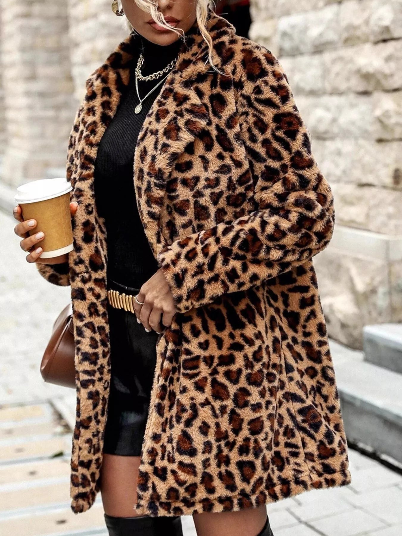 Leopard Print Faux Fur Longline Coat