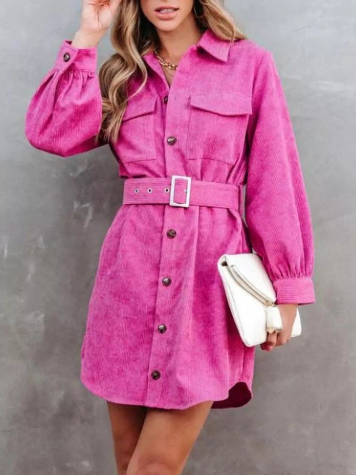 Button Front Belt Long Sleeve Corduroy Dress Rose Red