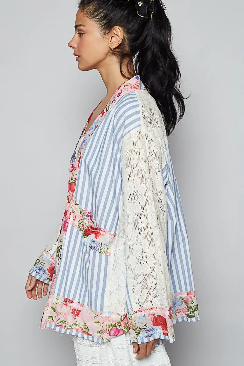 POL Lace Long Sleeve Striped Cardigan with Floral Patchwork Detail