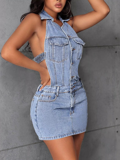 Backless Sleeveless Button Front Denim Mini Dress Blue