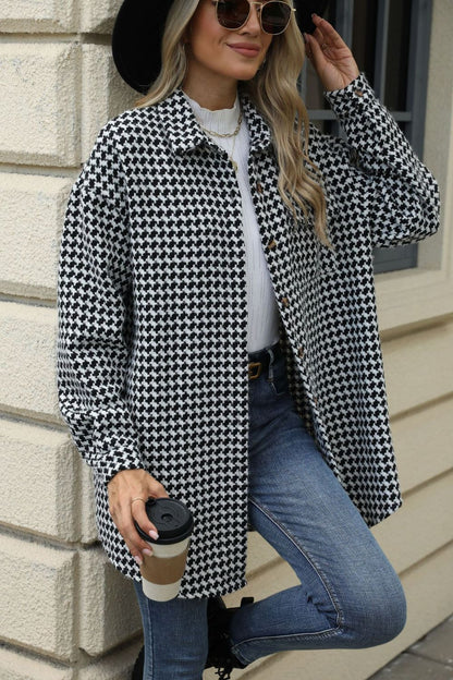 Houndstooth Button Up Dropped Shoulder Coat Black