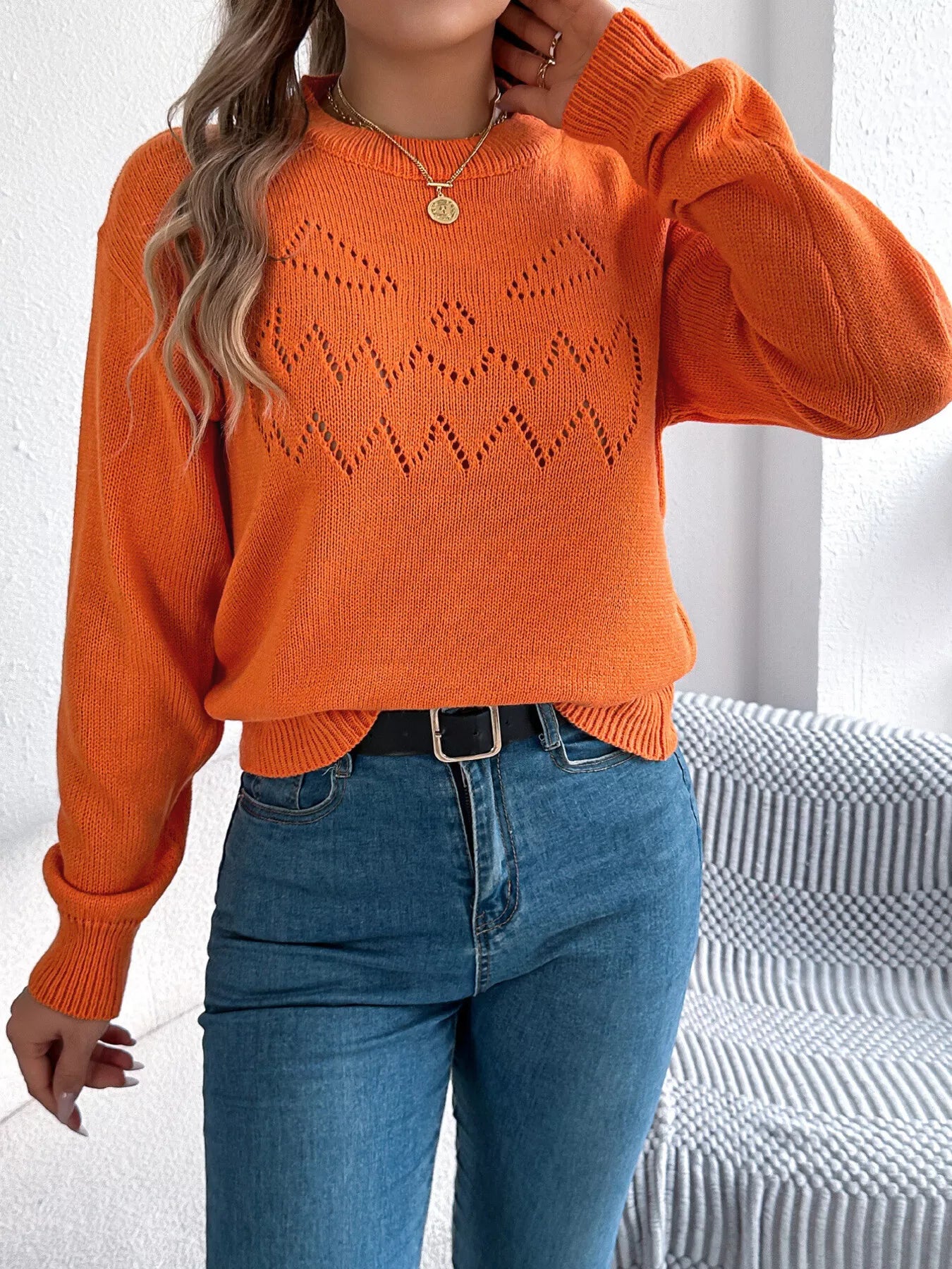 Openwork Round Neck Long Sleeve Sweater