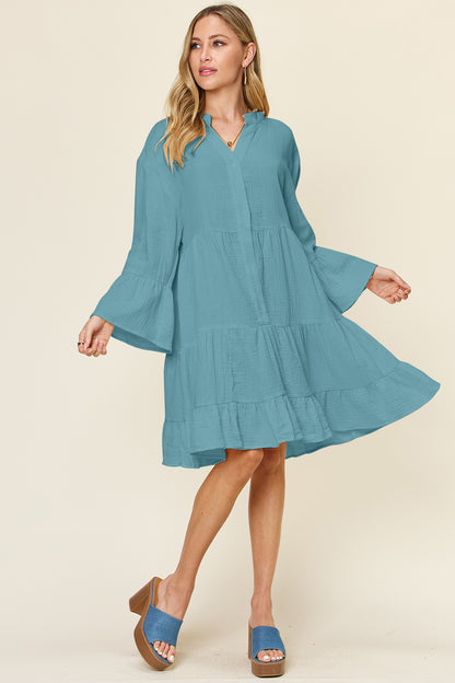 Textured Button-Down Ruffle Hem Dress