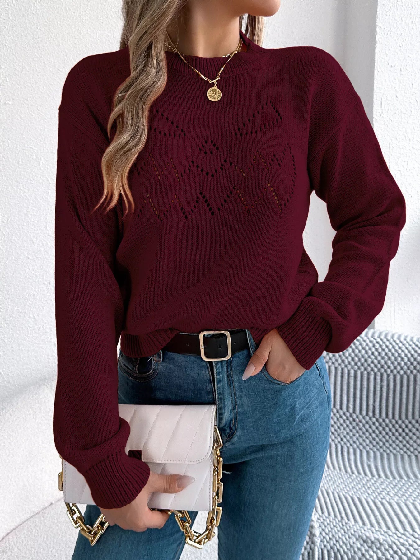 Openwork Round Neck Long Sleeve Sweater