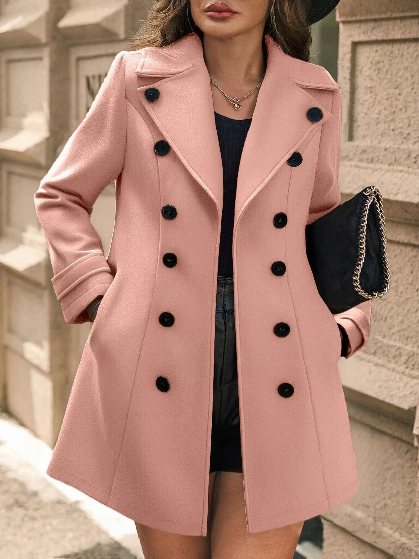 Double-Breasted Wool Blend Overcoat Pale Blush