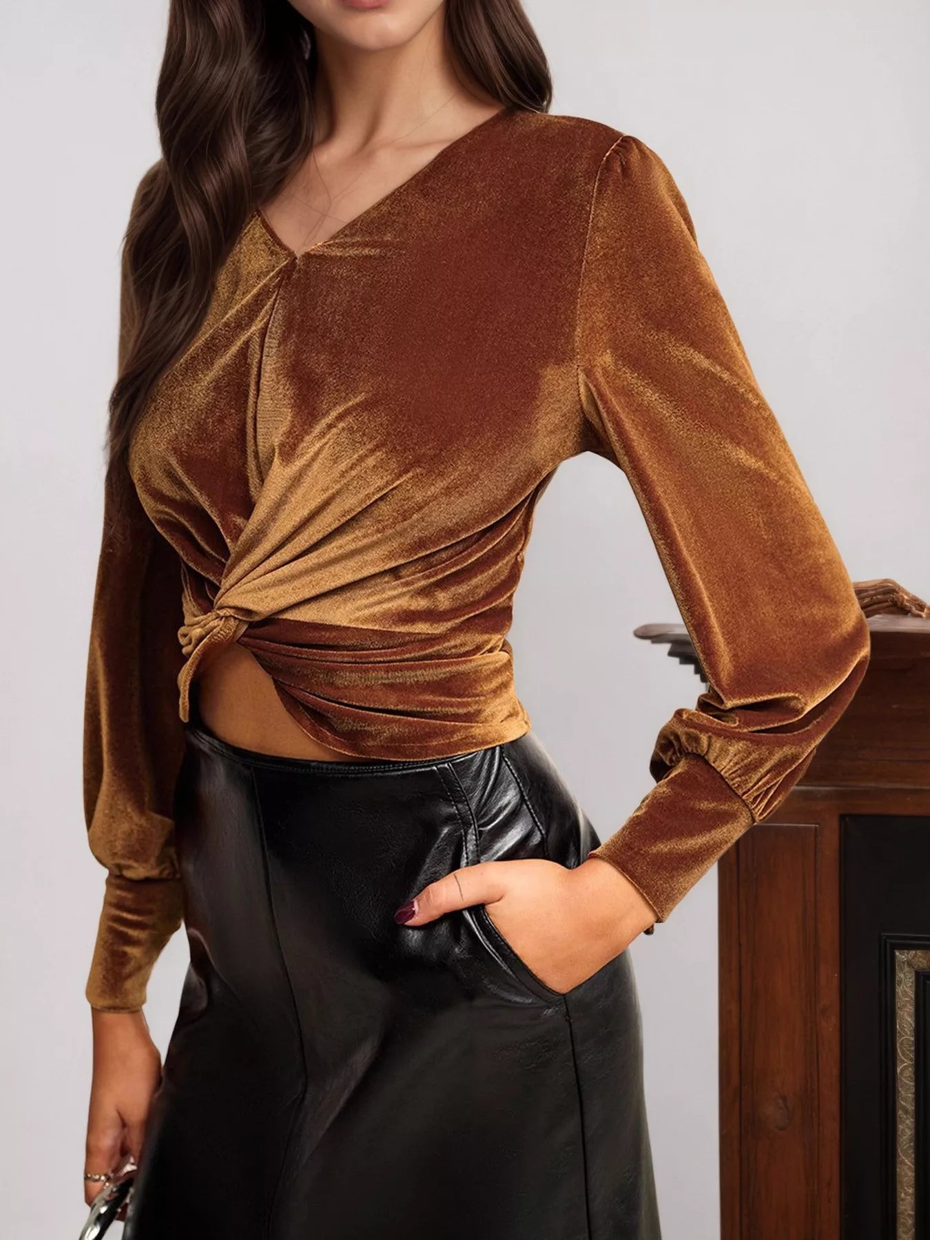Twisted V-Neck Long Sleeve Blouse
