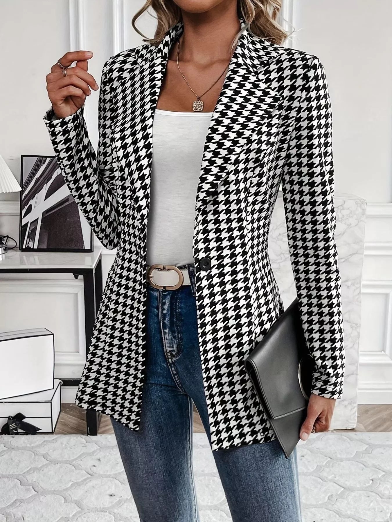 Houndstooth Print Lapel Collar Blazer