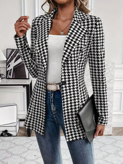 Houndstooth Print Lapel Collar Blazer