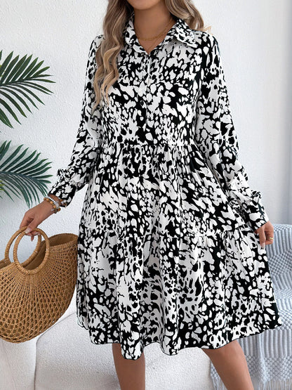 Printed Collared Neck Long Sleeve Dress White