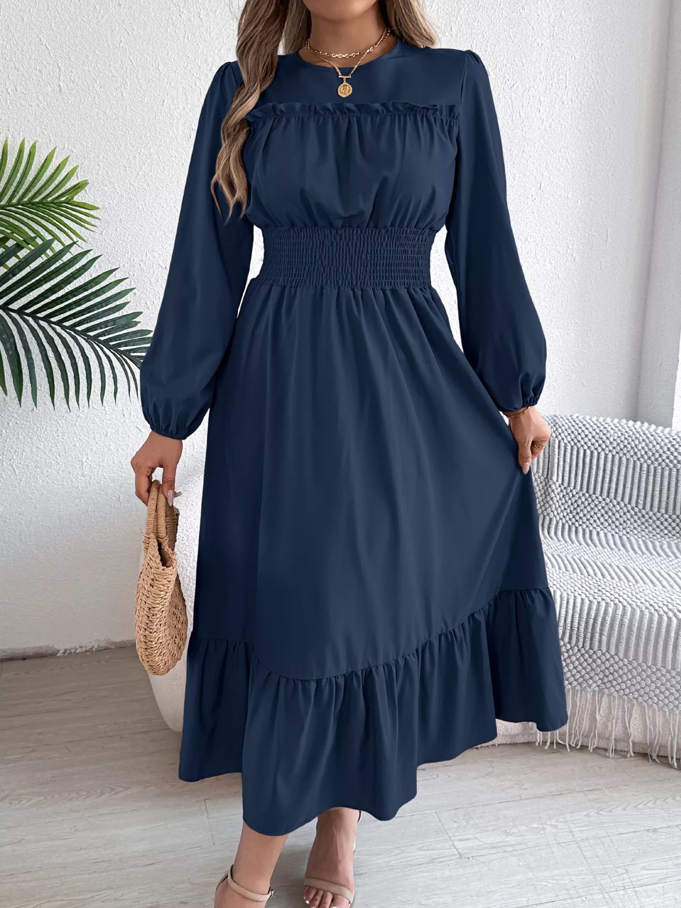 Round Neck Balloon Sleeve Tiered Dress