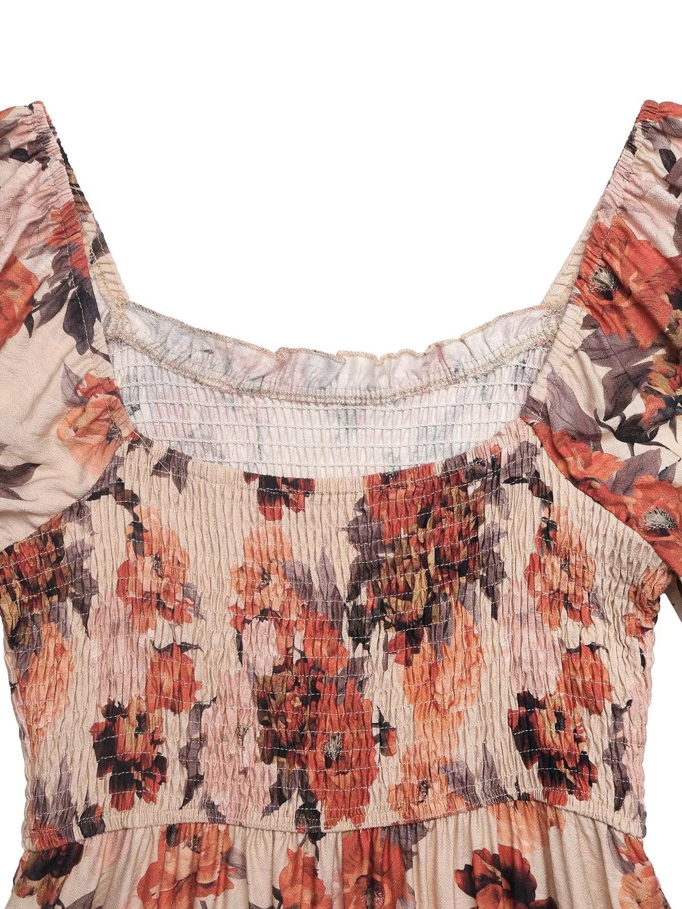 Smocked Floral Print Flounce Sleeve Dress
