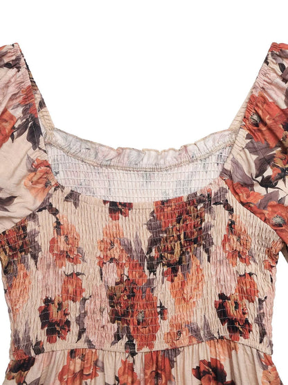 Smocked Floral Print Flounce Sleeve Dress