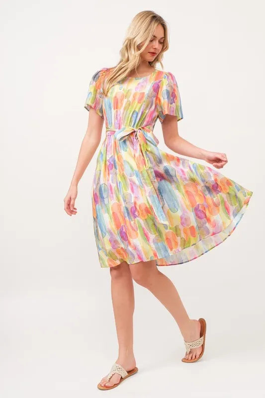 Lime 'N' Chili Watercolor Print Tie Front Midi Dress