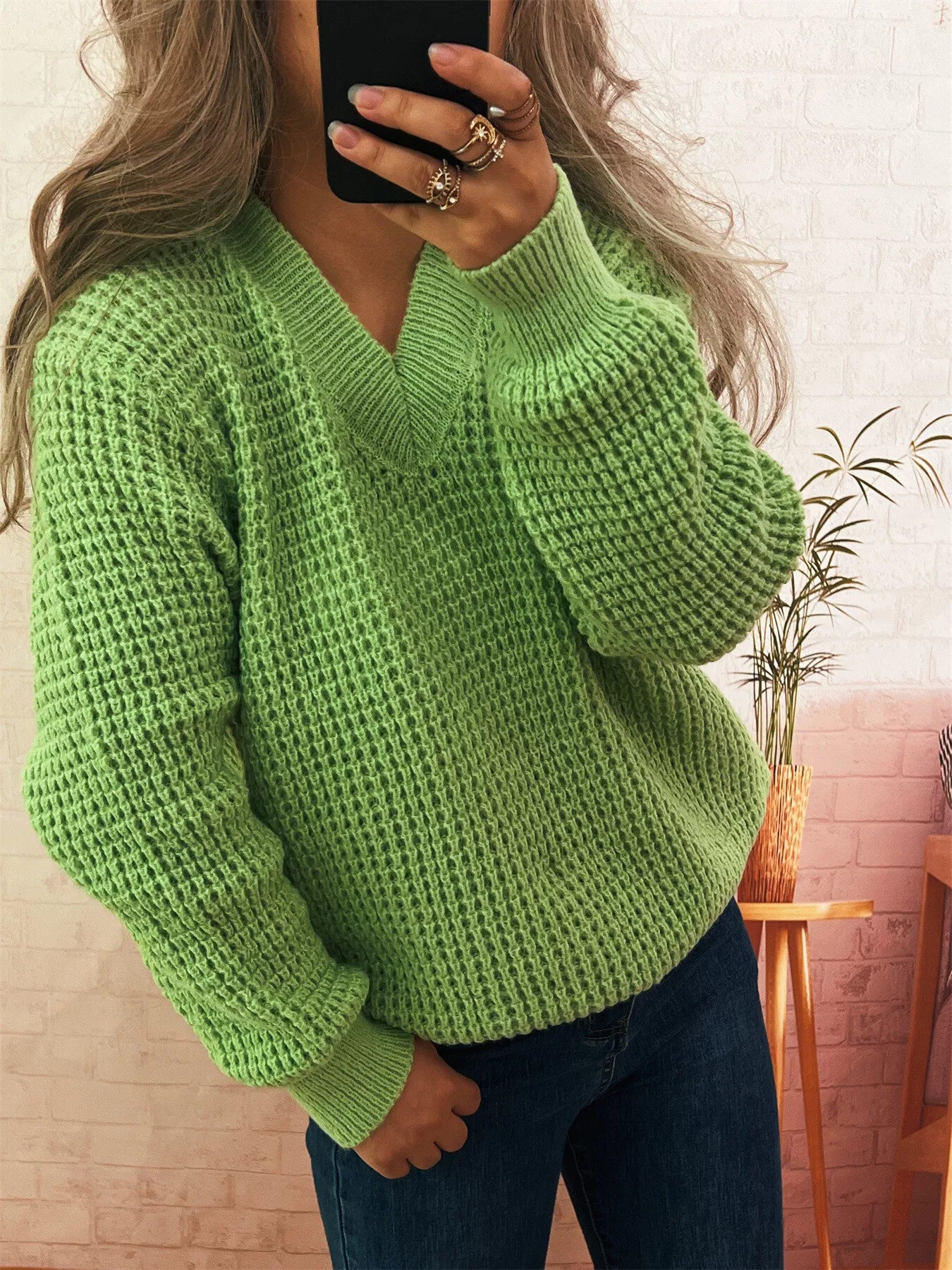 V-Neck Textured Knit Sweater