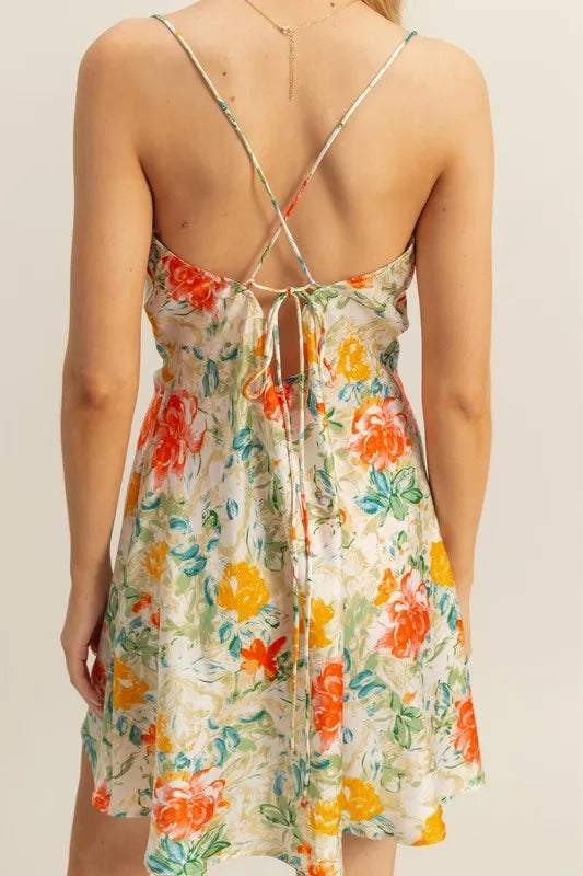 HYFVE Floral Cowl Neck Flirty Satin Mini Dress