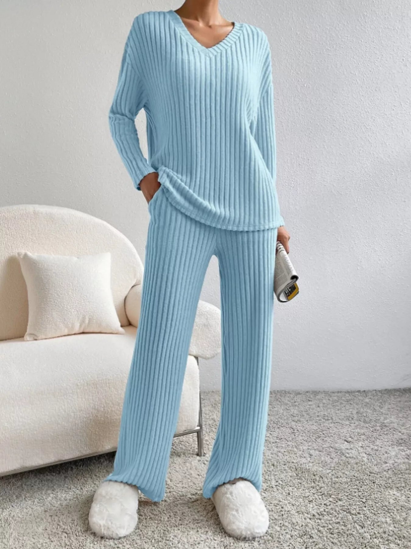 Ribbed Knit Long Sleeve Top and Pants Set Blue