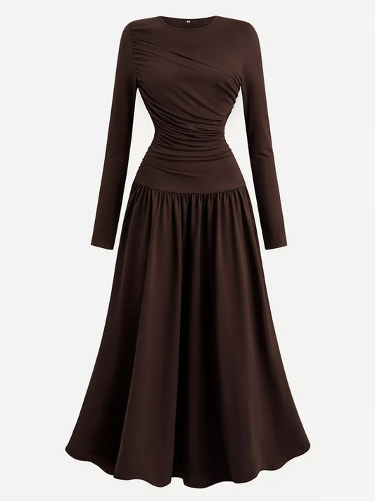 Ruched Long Sleeve A-Line Dress Chocolate