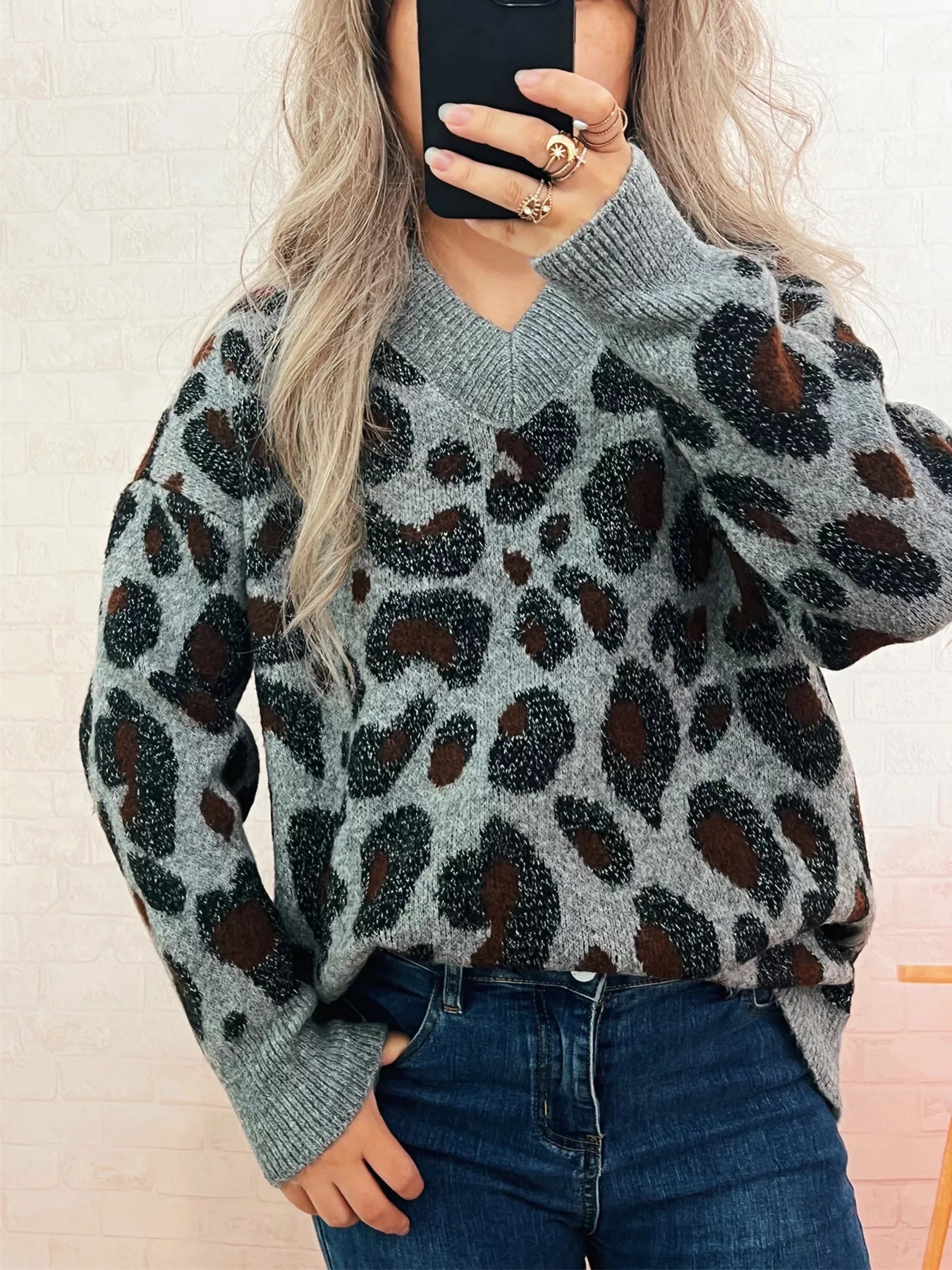 Leopard V-Neck Drop Shoulder Sweater