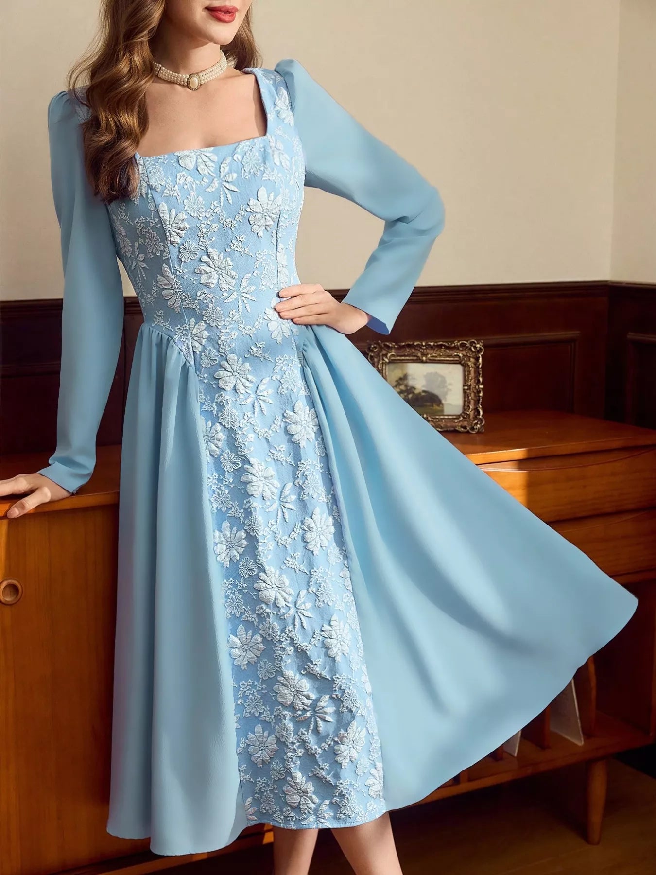 Flower Square Neck Long Sleeve Dress