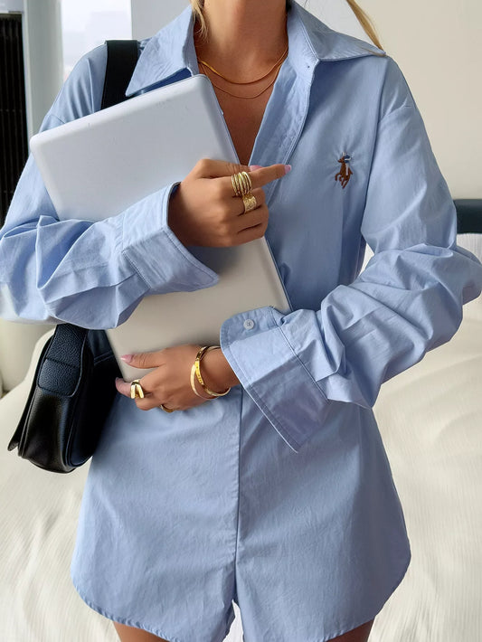 Button Front Long Sleeve Romper Blue