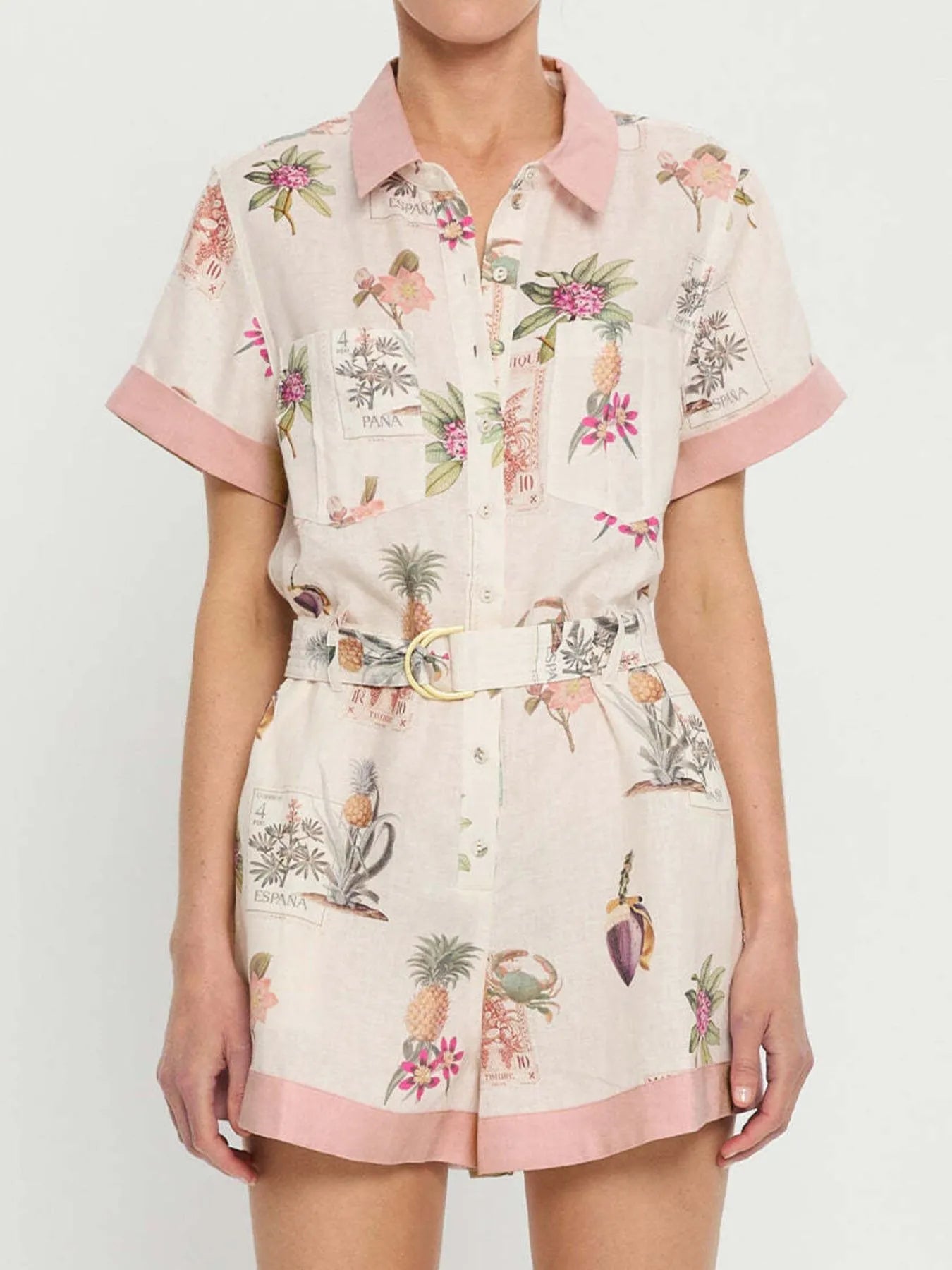 Printed Short Sleeve Romper with Belt