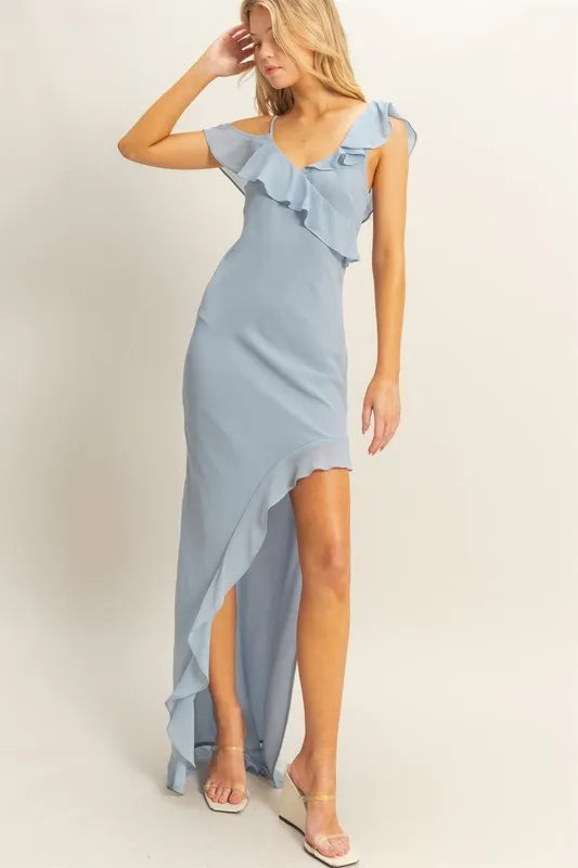 HYFVE Chiffon Ruffle Trim Midi Dress DUSTY BLUE