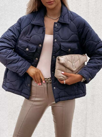 Quilted Snap-Down Casual Jacket Navy Blue